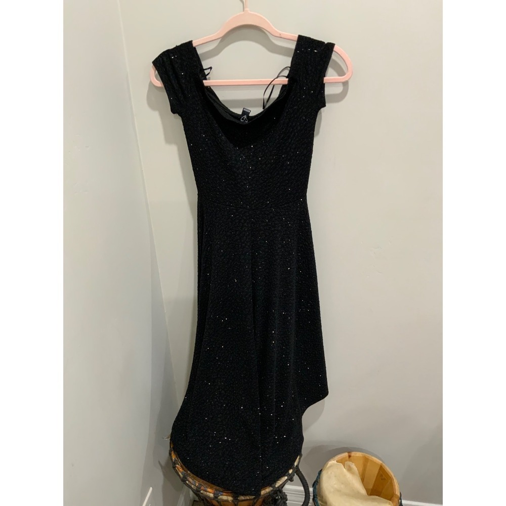 Black Sparkle Fit and Flare Dress Off The Shoulder Cap Sleeve High Low